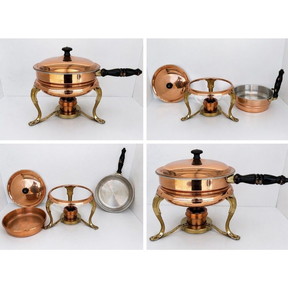 Vintage Copper Brass Chafing Dish Warming Pan Wood Handle Serving Set